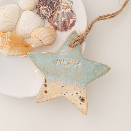 Island Aura hanging Herm ceramic star with a coastal glaze
